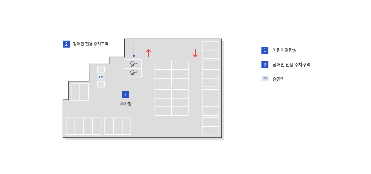 지상 1층(어린이 열람실, 장애인 전용 주차구역, 승강기)