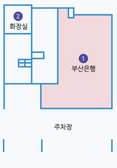 제3별관 1층 배치도 : 1 부산은행, 2 화장실 있음.